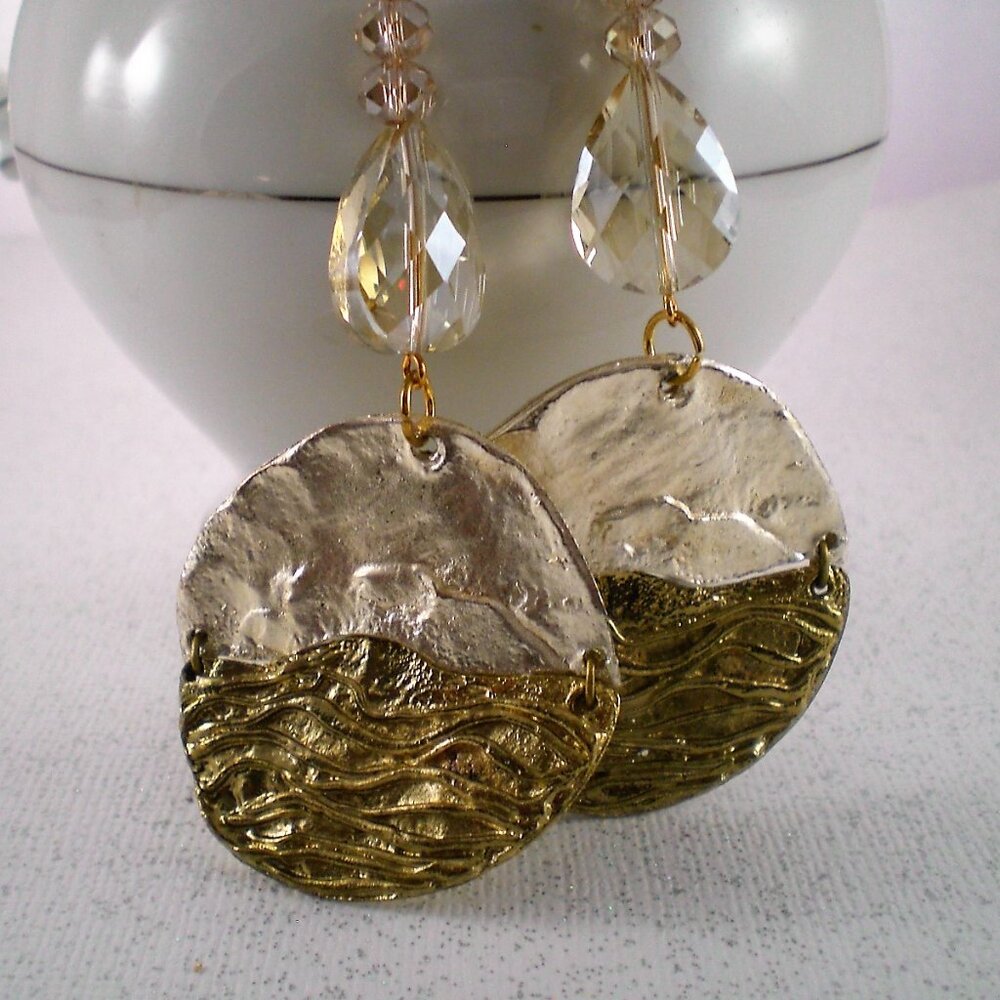 Gold/Silver Crystal Disc Dangle Earrings - Picture 3 of 5